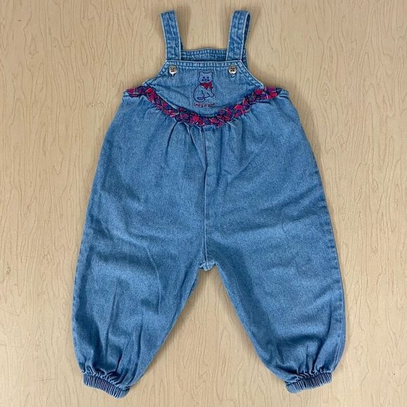 Vintage OshKosh Denim Overalls Girls 18M Cat Embroidered Plaid Ruffles B’Gosh - Picture 2 of 5
